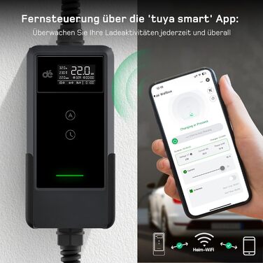 Зарядна станція для електромобілів Dé 11 кВт (3 фази, 6-16A) з регульованою потужністю, кабель CEE 16A - Type 2, сумісна з Model Y/3, ID.3/4/5, MG4, EX30, e-up, e-tron та BEV/PHEV, комплект 7м