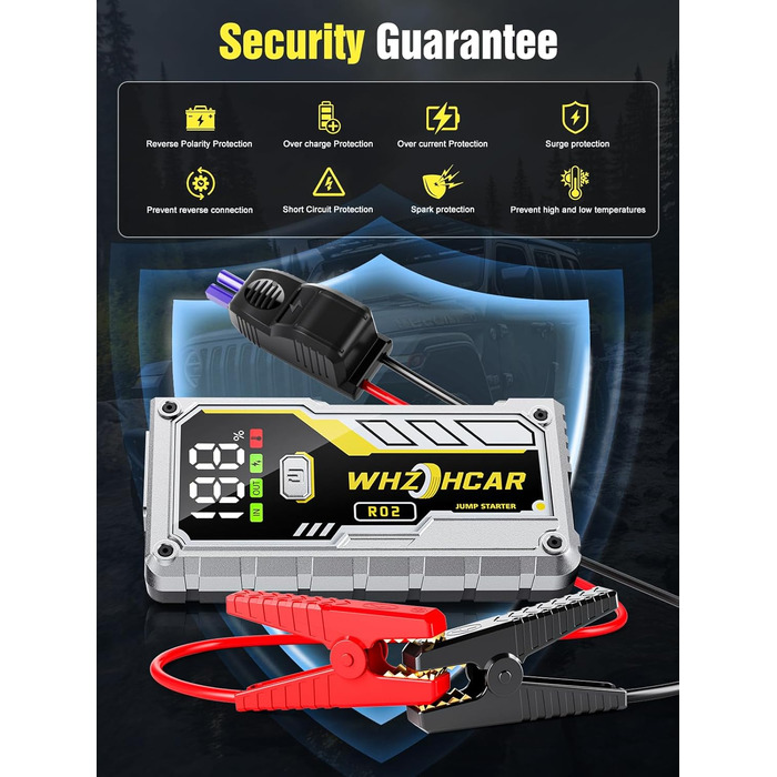 Powerbank Starthilfe 5000A з LCD екраном для автомобіля 12V. Зарядний пристрій для акумулятора авто з LED ліхтариком, підходить для 10л бензину або 9л дизеля. Срібний колір.