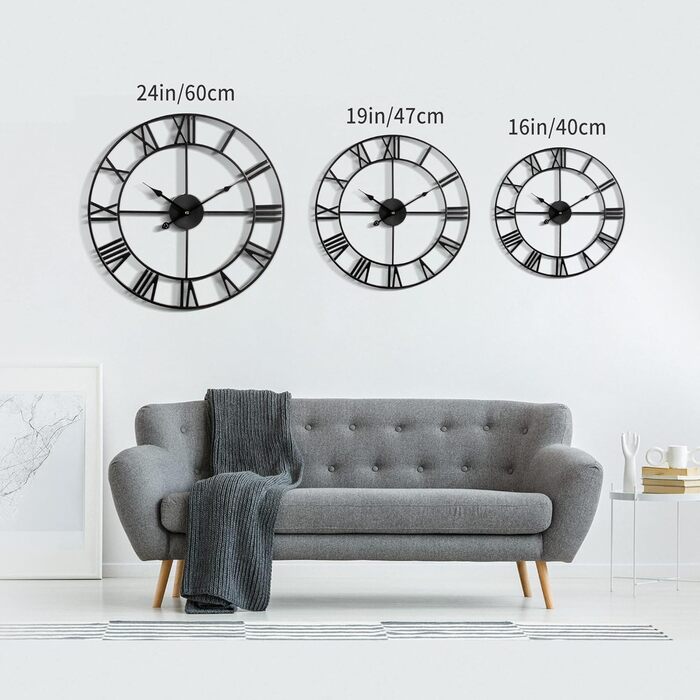 HAITANG Large Vintage Wall Clock, Black Round Metal Wall Clock Silent No Ticking, Battery Operated, 47cm Roman Numerals, Clocks for Living Room, Bedroom, Kitchen Decoration