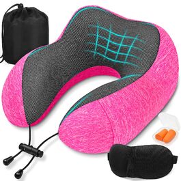Подушка для подорожей під шию з ефектом пам'яті (Memory Foam) для літака, авто та офісу, з 3D-маскою для сну та берушами, рожева