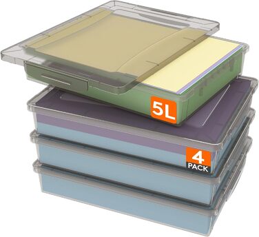 Lifewit 5L Storage Box with Lid, Plastic Box with Clip Closures, Document Box A Organizer, Multi-Purpose Boxes for Crafts, Paper, Art Supplies, Building Blocks, Tools (Gray, 4)