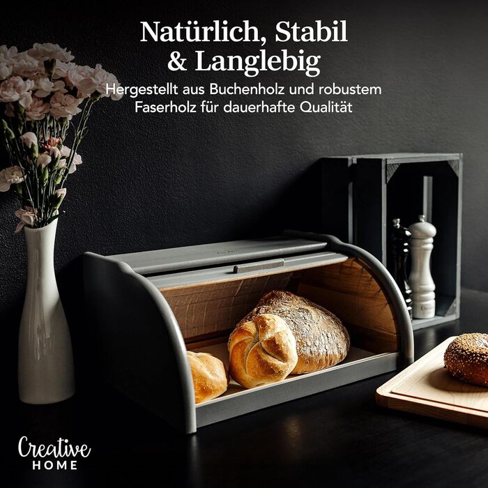 Дерев'яний хлібний ящик Creative Home | 38 x 28,5 x 17,5 см | Для хліба, булок, випічки | З відкидним кришкою | Натуральний хлібний контейнер для кухні (Сірий)