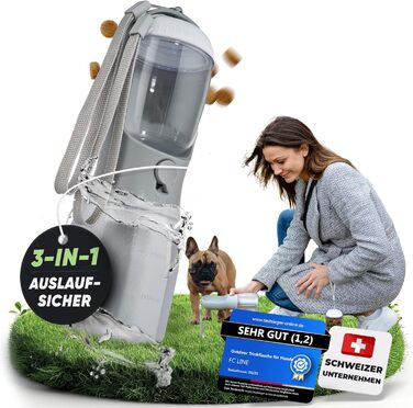 Поїлка для собак на прогулянці 300 мл - 3-в-1 (поїлка та миска) | Без витоку, BPA-free, з функцією повторного наповнення | Вода для маленьких та середніх собак сірого кольору 300 мл