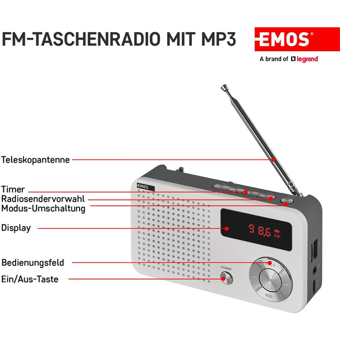 Портативне радіо EMOS з MP3-плеєром та акумулятором, FM радіоприймач, USB-C, Micro SD, білий/сірий