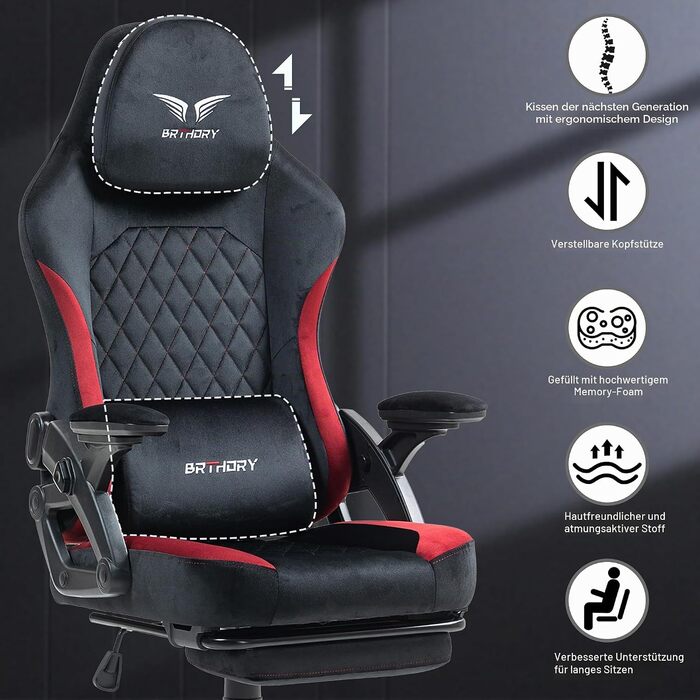 Геймерське крісло Racing Ergonomic з регульованою подушкою для голови та підставкою для ніг, тканинна оббивка, чорно-червоне
