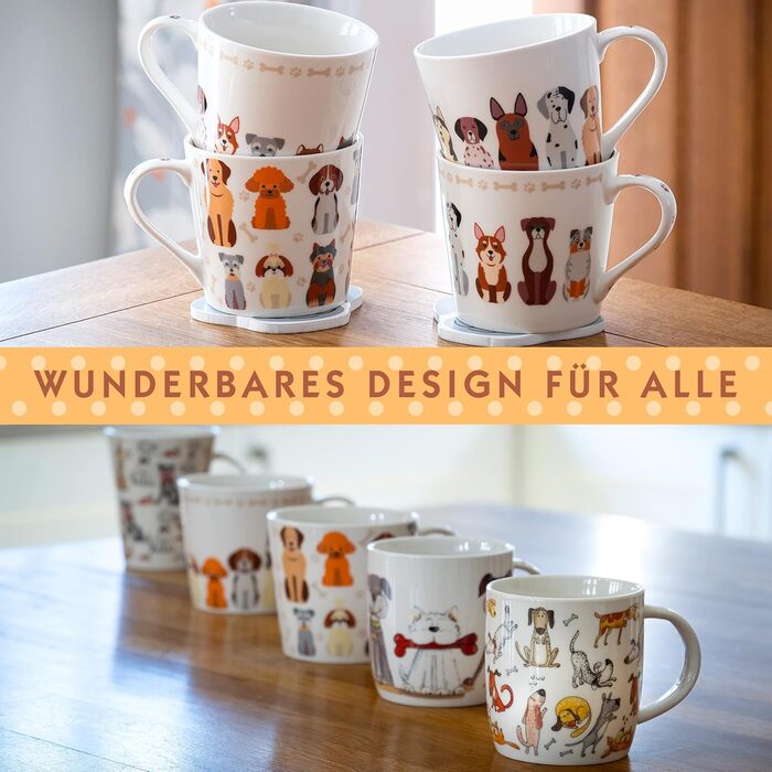 SPOTTED DOG GIFT COMPANY Coffee Mug with Dog Motif, Ceramic Mug Set, Cute Coffee Mugs, Dog Kitchen Accessories, Gifts for Dog Lovers, Dog Mom, 4 x 380ml