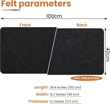 Підкладка на стіл з фетру | 100x40 см | Нековзна килимок для миші | Великий килимок для столу | Захист столу для офісу та дому (темно-сірий)