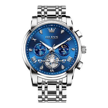 Годинник чоловічий OLEVS 2856 з фазами місяця, хронограф, кварц, нержавіюча сталь, водостійкий, блакитно-сріблястий
