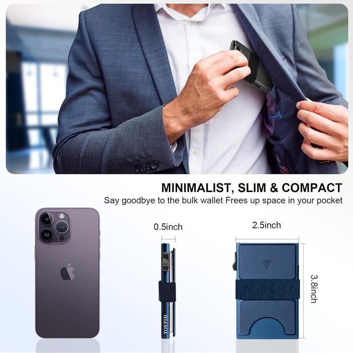 Чоловічий тонкий металевий картхолдер на 12 карт з RFID захистом, виштовхувальною кнопкою, Marineblau (морський синій)