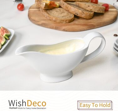 WishDeco біла соусниця з кераміки 220 мл, порцелянова соусниця з ручкою для соусу, салатної заправки, бульйону, крему