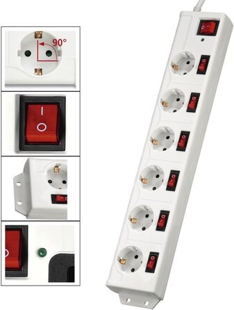 Мережевий фільтр Hama з 6 розетками, захист від перенапруги, поворот на 90°, монтаж на стіну, XL роз'єми, кабель 1,4м