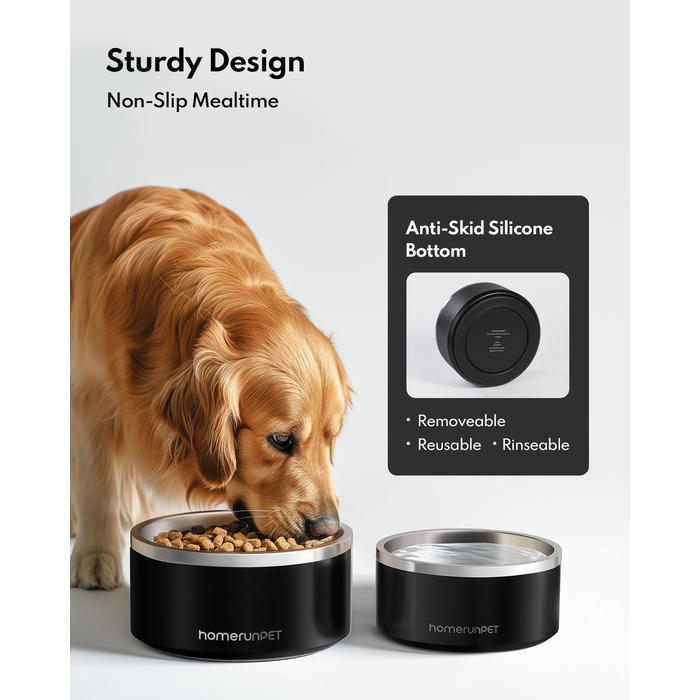 Нержавійна миска для собак HomeRunPet, 1 л з неслизьким дном, подвійні стінки, ізольована, для маленьких, середніх та великих собак, чорна