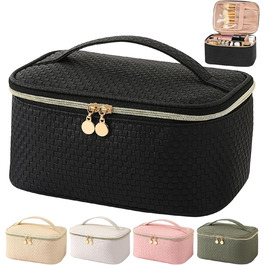 Жіноча косметичка для подорожей, водонепроникна, з відділенням для пензликів, з PU шкіри, велика, органайзер, косметичка для макіяжу (Хвилястий зелений, Елегантний чорний)