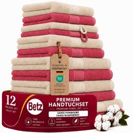 Набір рушників Betz Premium 12 предметів, 100% бавовна, сертифікація Oeko-TEX, висока щільність, колір Пісочний/Малина