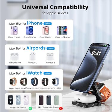 Зарядний пристрій KU XIU X55 Turbo Qi2.2 25W Magsafe 3-в-1 для Apple Watch, iPhone 17-12 та AirPods, складаний, магнітний, з адаптером 45W (Чорний мармур)