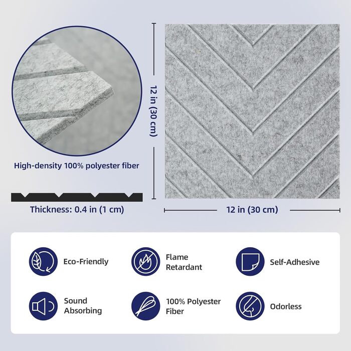 Самоклеючі акустичні панелі Vieshful 30x30x1 см, звукопоглинаючі панелі для стін та стелі (10 шт, сірі) для студії, офісу та спальні