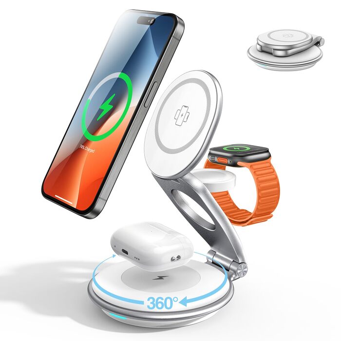 Сумка-органайзер для зарядки MagSafe: Складна зарядка для Apple, індукційна зарядка для iPhone 16/15/14/13/12, зарядка для Apple Watch та AirPods (з 30W адаптером), білий колір