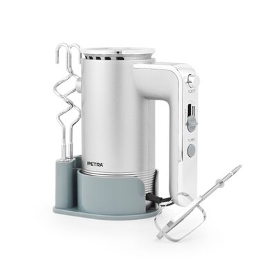 Ручний міксер Petra 300W з 5 швидкостями, турбо-функцією, гаками для тіста та вінчиками, сріблястого кольору з підставкою