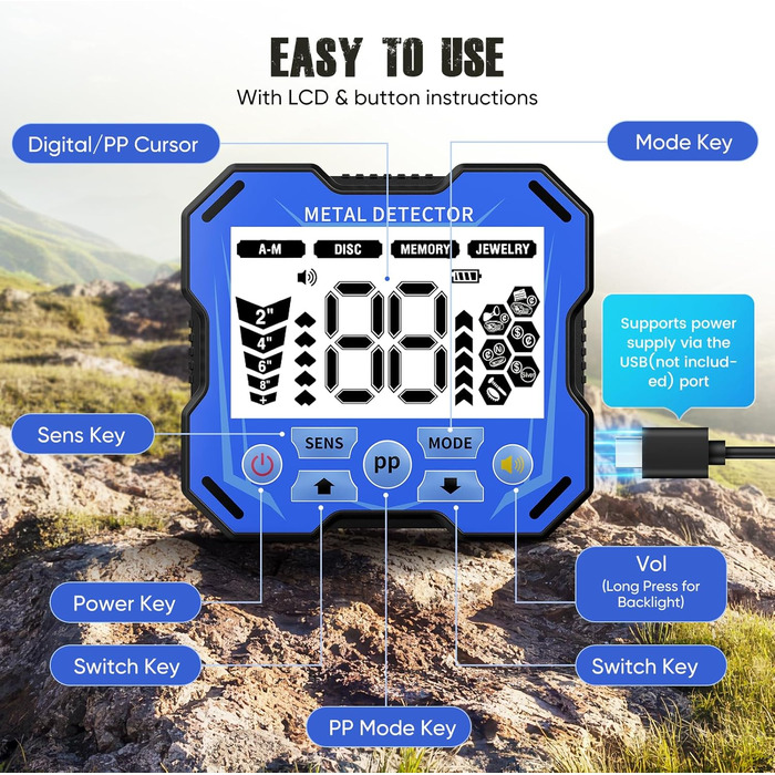Металодетектор Profi з 2 акумуляторами, 5 режимів, для дорослих та дітей, водонепроникний IP68, регульована стійка (Морська блакить)