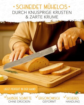 Ніж для хліба KRUSTENZAUBER з хвилястим лезом 20 см, великий ніж для хліба з довговічної нержавіючої сталі для точного та легкого нарізання, пиляльний ніж для хліба та булочок (26 см, дерев'яний грифель)