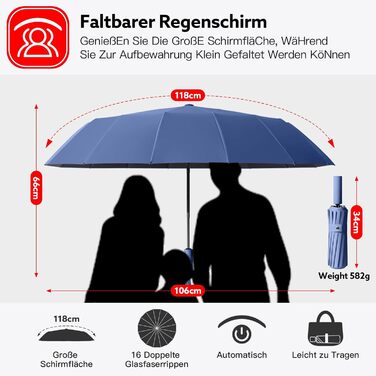 Стійкий до вітру парасолька-тростина, автоматичний, великий, з 16 ребрами, покриття Teflon 210T, анти-UV (блакитний)
