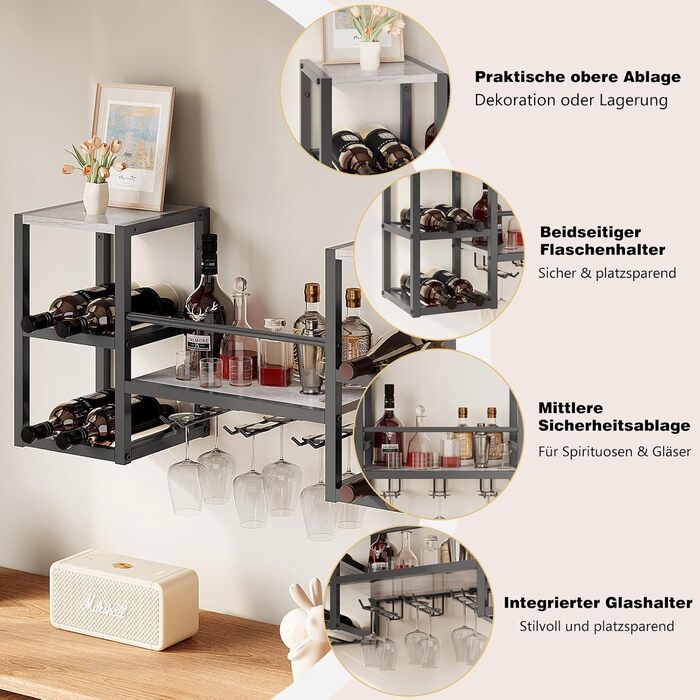 Настінна вітрина для вина VEDECASA на 3 яруси з 6 тримачами для келихів, сіра