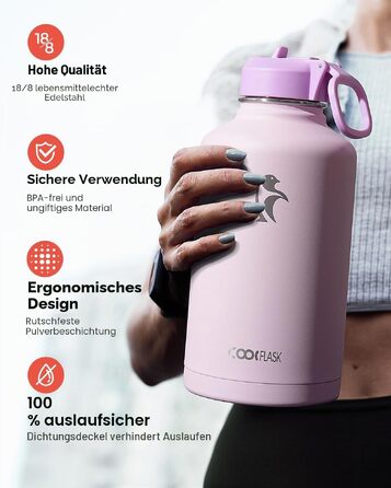 Термофляга Coolflask 2Л зі сталі з трубою та 3 кришками, вакуумна ізольована пляшка для води для спорту та подорожей, Starry Indigo Black (Рожевий, 1893 мл)