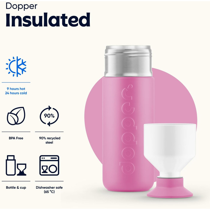 Dopper 580ml Insulated Stainless Steel Water Bottle - Leakproof, Keeps Drinks Cold for 24h / Hot for 9h - Thermos, Coffee Mug, Tea Bottle - Pelican Pink