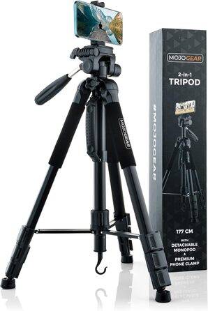 Штатив відео MOJOGEAR 140 см з тримачем для смартфона - алюмінієвий штатив для камери DSLR, екшн-камери, телефону, з кульковою головкою, швидкознімною платформою, сумкою