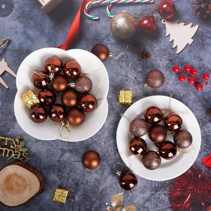 24 штуки новорічні кулі 4 см, коричневі, для ялинки, пластикові, неб'ючі, декор
