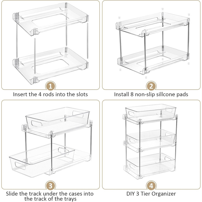 Cinnani 2 Pack 2-Tier Under Sink Shelf, Kitchen Cabinet, Refrigerator, Under Cabinet Organizer, Multifunctional Acrylic with Sliding Drawer Kitchen Shelf for Food Storage Containers, Spice Rack, Cosmetics
