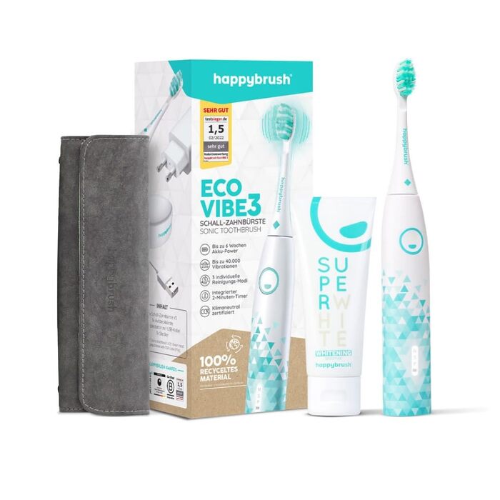 Електрична звукова зубна щітка Happybrush Eco Vibe 3 - Тест-переможець 2024 - 100 днів тестування. Включає чохол для подорожей та зубну пасту. White/Mint