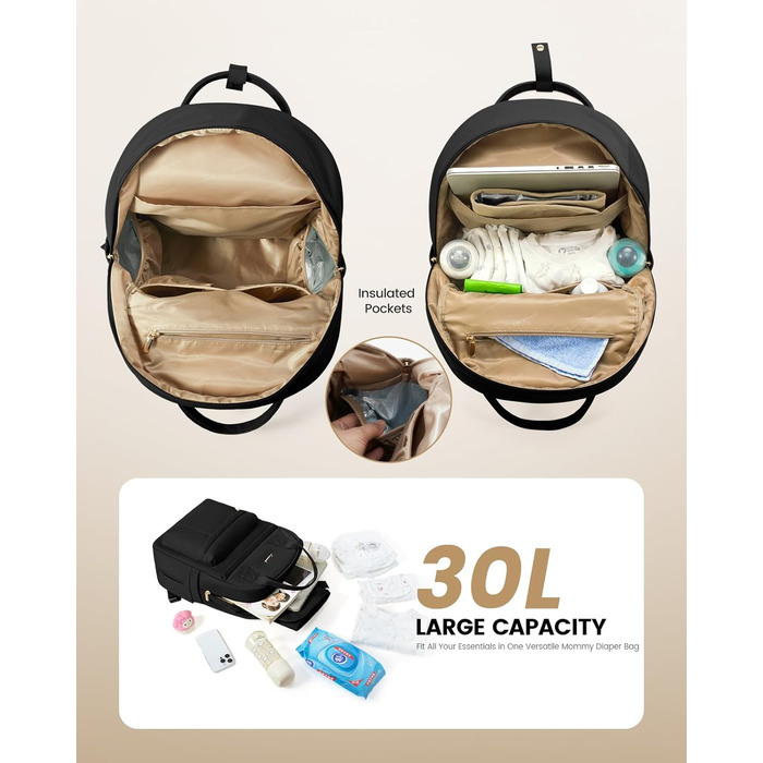 Рюкзак-переноска LOVEVOOK для мами та тата: рюкзак-сумка для догляду за дитиною з пеленальною підкладкою та ременями для дитячої коляски, чорний M