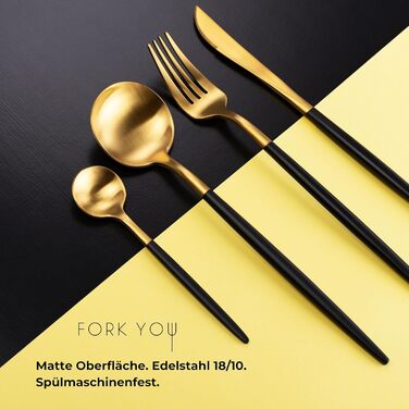 Cutlery Set Black Gold Matte (16-piece), stainless steel, tableware set for 4 people, dishwasher-safe, gift set in high-quality gift box
