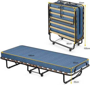 COSTWAY Гостьове ліжко 80x190 см з матрацом з memory foam, складане односпальне ліжко, металевий каркас до 130 кг, ліжко-трансформер на колесах, для вітальні/гостьової кімнати, блакитне