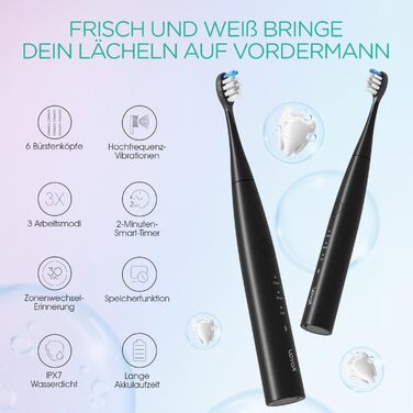 Електрична звукова зубна щітка Ultraschall ET110 (Чорна) - 41000 VPM, 70 днів роботи, 6 насадок, таймер, IPX7