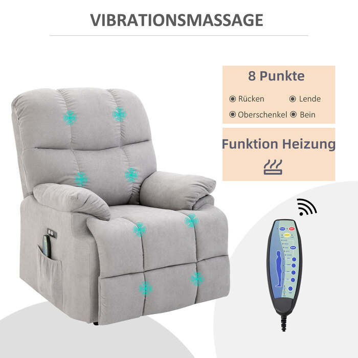 HOMCOM Massage Chair with Rise Assist, Recliner, TV Chair with Heat Function, Adjustable Angle, USB, Remote Control, Short Plush, Grey, 83x95x105 cm