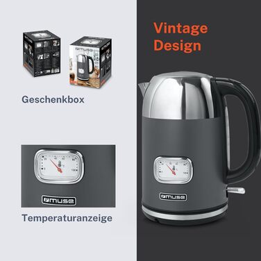 Електричний чайник зі сталі Muse Retro з аналоговим термометром, фільтром, прозорою шкалою, об'ємом 1,7 л, автоматичним відключенням, матовий золотий (MS-030 BC) (Сірий)