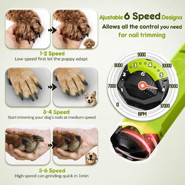 Шліфувальник для собак та котів Gimars з 6 режимами, LED-підсвічуванням, USB-зарядкою та регулюванням швидкості (зелений)