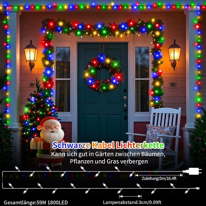 Ланцюжок прикрас для зовнішнього використання, 36 м, 1800 LED, тепле біле світло, 8 режимів, таймер, IP44, для балкона, саду, вечірки, шлюбу