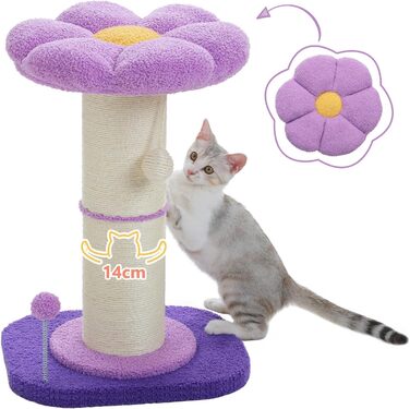 Flower Cat Tree - Small Cat Tree for Indoor Cats with Super Thick Scratching Post [Dia=14cm], Detachable Flower Cat Bed, Feather Ball - (Purple)