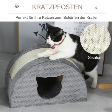 PawHut котяча печера з когтеточкою та сизалевим покриттям, з м'якою обробкою, дверцятами з обличчям кота, 48,5 x 30 x 30 см, сірий котячий будиночок для маленьких котів