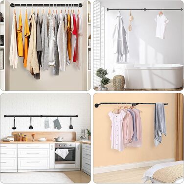 Wall-Mounted Clothes Rack 200cm Pipe Clothes Rail Industrial Style Wall Hangers Detachable Metal Clothes Rod Wardrobe Rail Bedroom for Hallways Living Room Bedroom