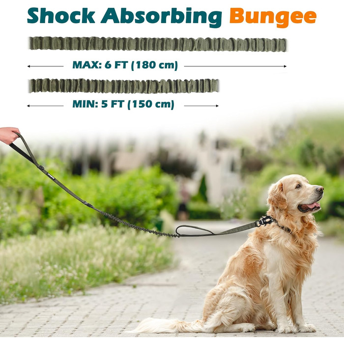 Тактична повідок для собак PetBonus Heavy Duty, 1,5м, еластична, з 2 зручними ручками, фіксатор для авто, No Pull для дресування великих та середніх собак (армійний зелений)