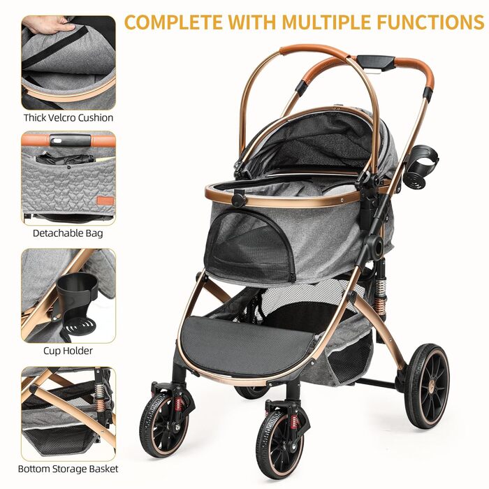 Візок для собак та котів 3 в 1 DWVO, до 22 кг, сірий, з переноскою та аксесуарами