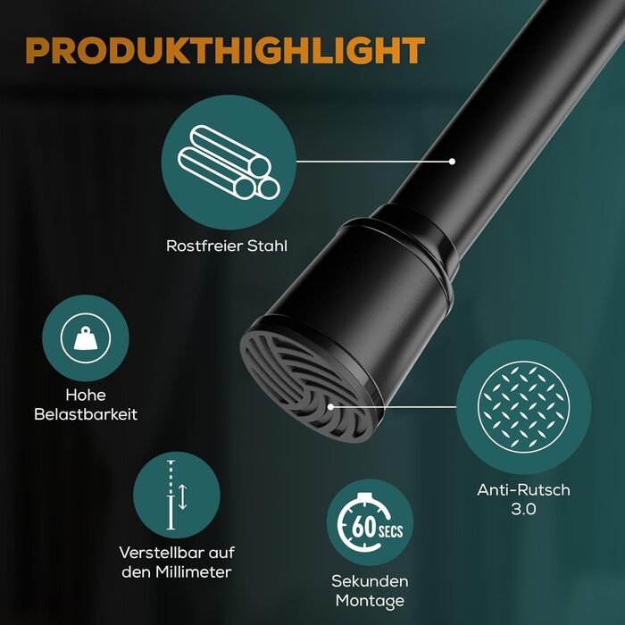 Штанга для штор без свердління 370-420 см, чорна, Ø 32 мм - штанга для кріплення штор, душової кабіни, дверей та шафи