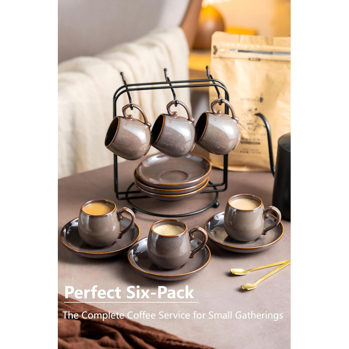 Набір чашок для еспресо LYEOBOH з блюдцями (6 шт.), 85 мл, кераміка, білий (коричневий)