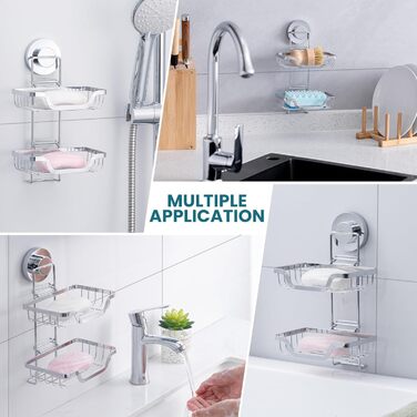 TAILI Shower Soap Dish with Drain and Hook, MAX Holds 5 KG, Stainless Steel Soap Dishes No Drilling Required, Bathroom Soap Holder Wall Mount, Double Soap Holder with Suction Cup, Sponge Holder, Silver