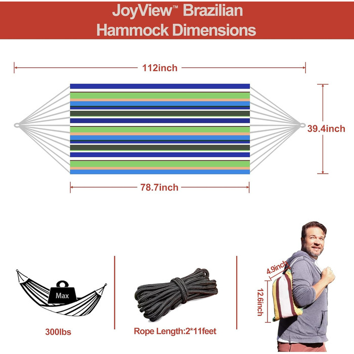Гамак бразильський JoyView одинарний 200x100 см, червоно-синьо-зелені смуги, з мотузками та сумкою для перенесення, для дому та вулиці