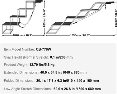 Сходинка для собак VEVOR у автомобіль: 5 сходинок, широка, складна, з антиковзким покриттям, з легкого алюмінію, для авто, SUV та вантажівок (68-88 см)